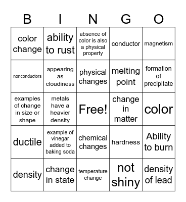 Physical & chemical Properties & changes Bingo Card