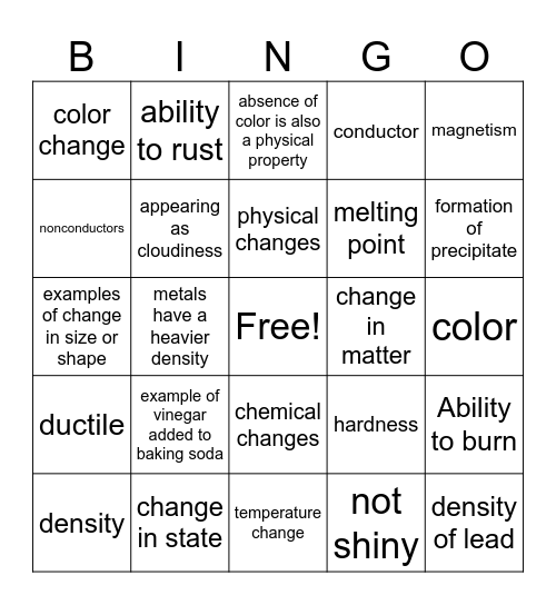 Physical & chemical Properties & changes Bingo Card