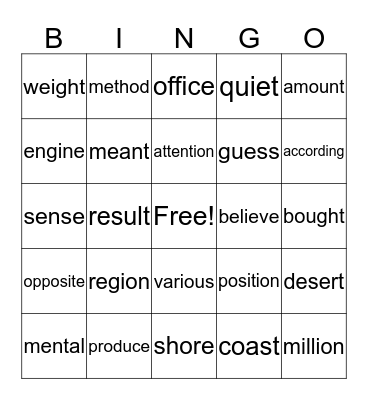 4th Grade Words Bingo Card