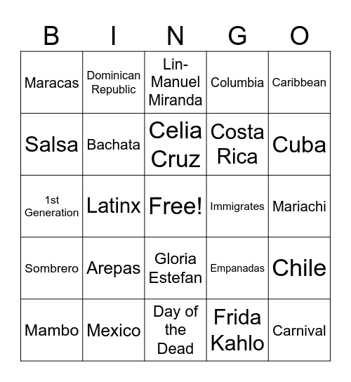 Hispanic Heritage Bingo Card