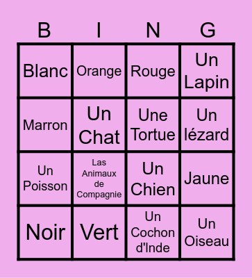 Color and Animal French Bingo Card