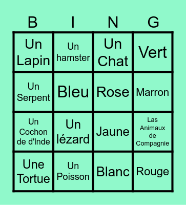 Color and Animal French Bingo Card