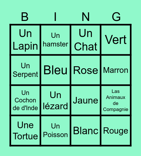 Color and Animal French Bingo Card