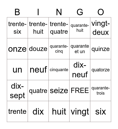 French Numbers to 50 (1) Bingo Card