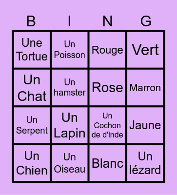 Color and Animal French Bingo Card