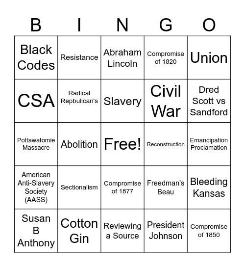Civil War and Reconstruction Review Bingo Card