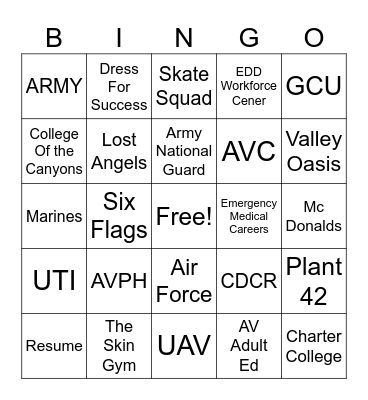 Bingo Career Fair Bingo Card