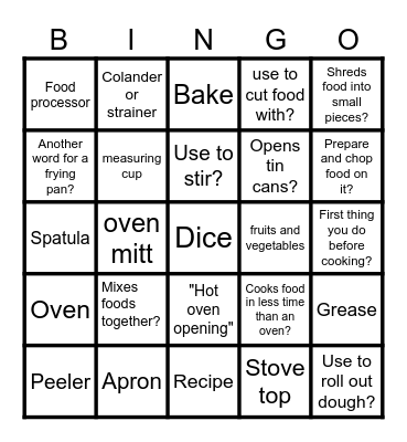 Kitchen Bingo Card