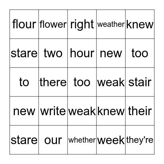 Homophone Bingo Card