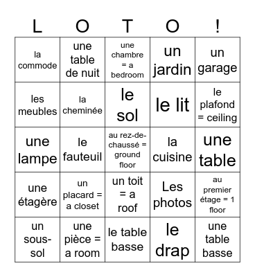 Les meubles Bingo Card