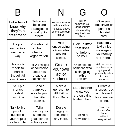 Kindness Challenge Bingo Card