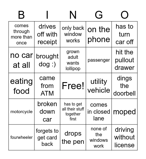 DriveThru Bingo! Bingo Card