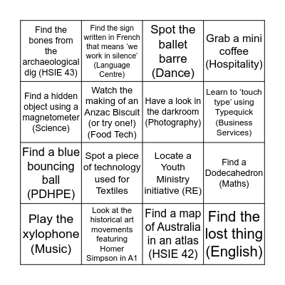 Mount St Joseph Bingo Card