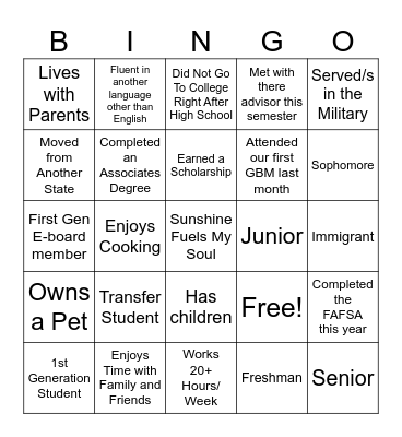 First Generation Bingo Card