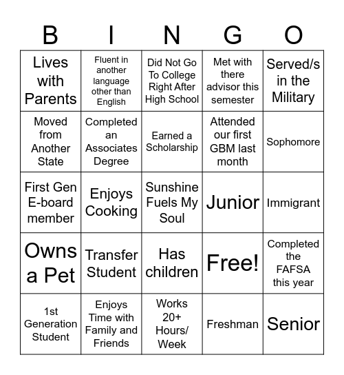 First Generation Bingo Card