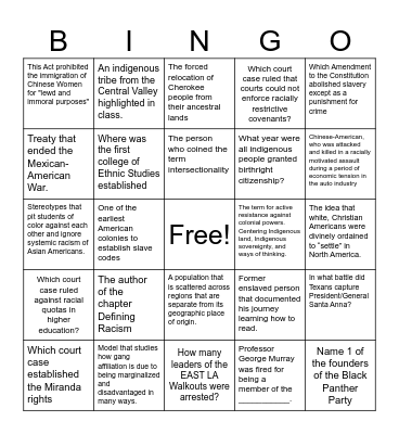 ETHN 10 Bingo Card
