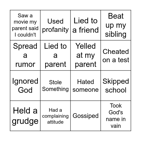 Forgiveness Bingo Card