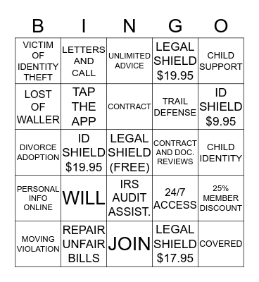 Legal Shield BINGO Card
