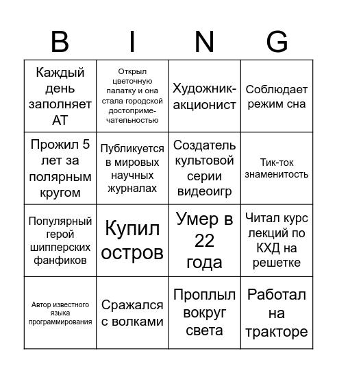 Бинго сверхчеловека Bingo Card
