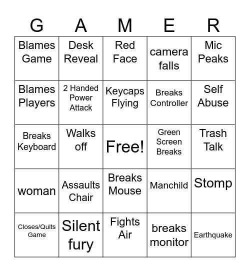 Gamer Rage Tens Unit Bingo Card