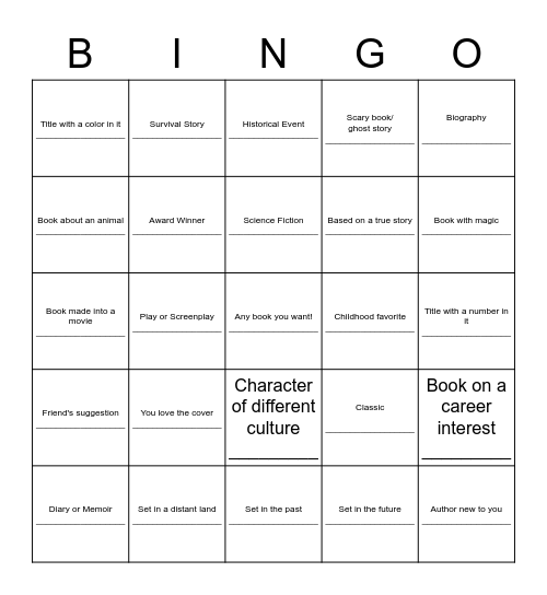 Reading Challenge Bingo Card