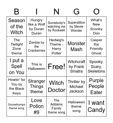 Halloween Music Bingo Card
