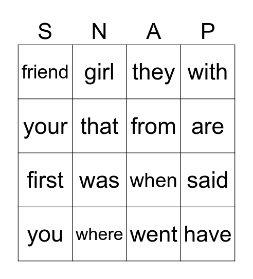 SNAP Words Grade 2 Unit 1 Bingo Card