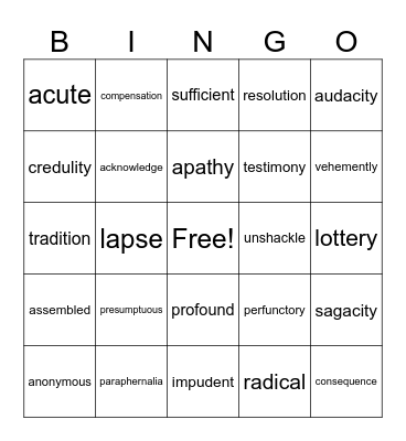 8th Grade Vocabulary Bingo Card