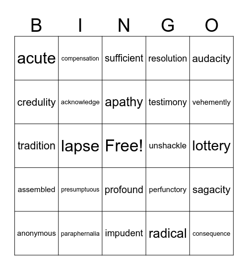 8th Grade Vocabulary Bingo Card