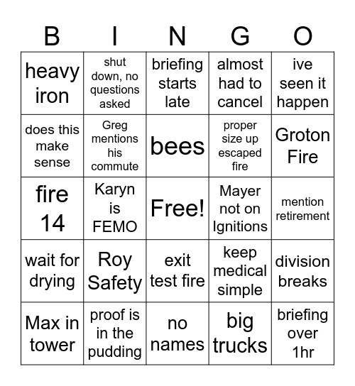 Freetown/ Fall River Bingo Card