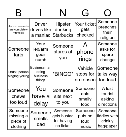 Public Transport Bingo Card