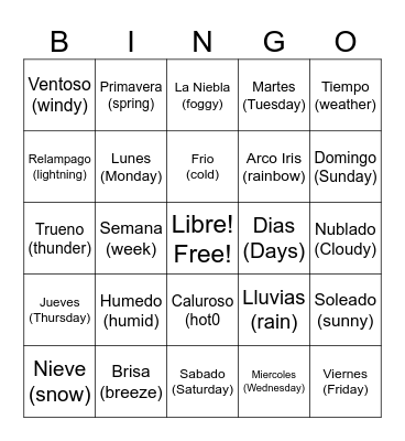 Clima y Dias Bingo Card
