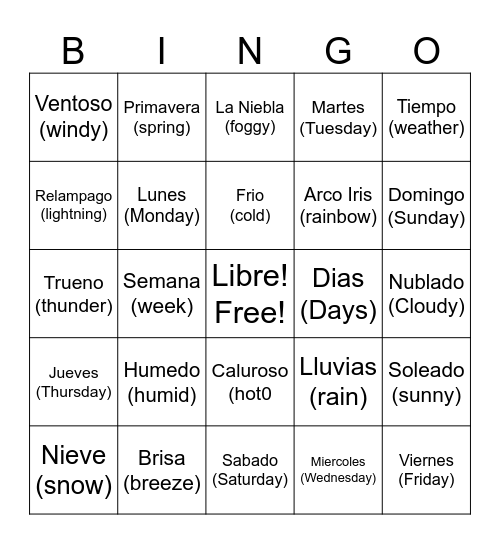 Clima y Dias Bingo Card
