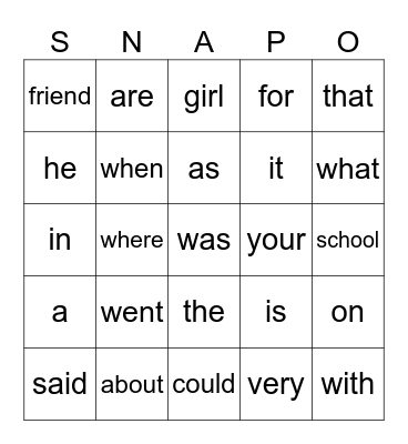 2nd Grade Unit 1 Snap Words Bingo Card