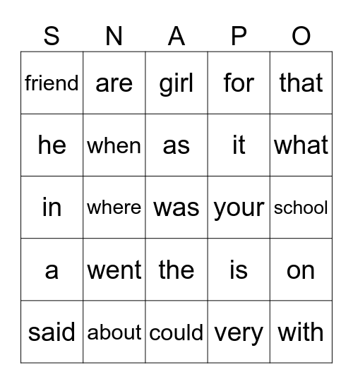 2nd Grade Unit 1 Snap Words Bingo Card