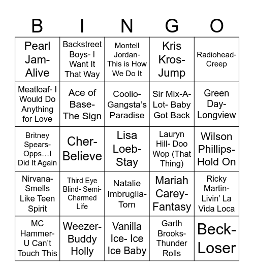 Total Quiz Trivia Presents Radio Bingo 90's Music Bingo Card