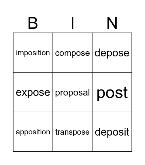 Week 4: pos (to place, put) Bingo Card