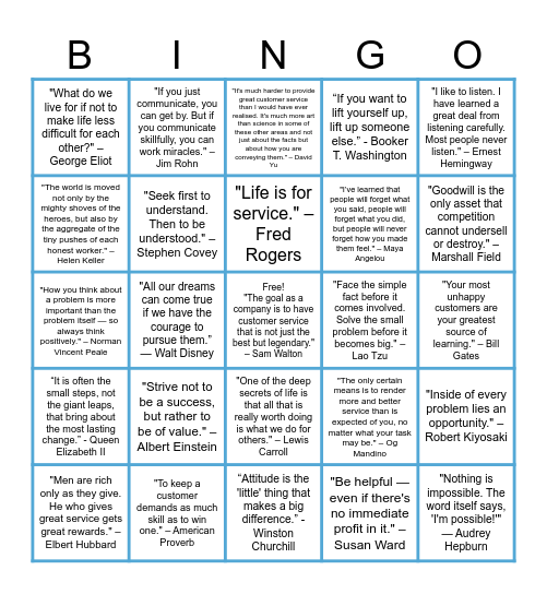 Inspirational Customer Service Quotes Bingo Card