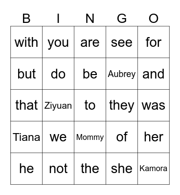 Tiana's Sight Words BINGO Card
