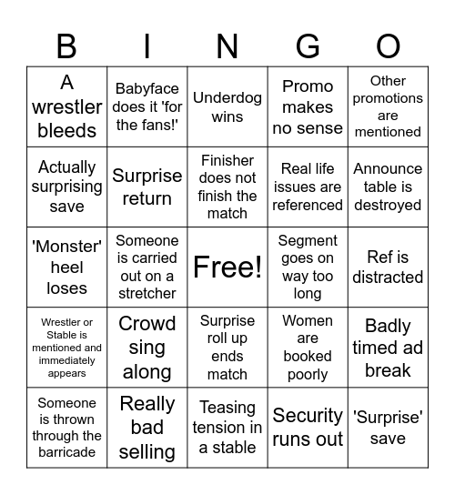 Pro Wrestling Bingo Card