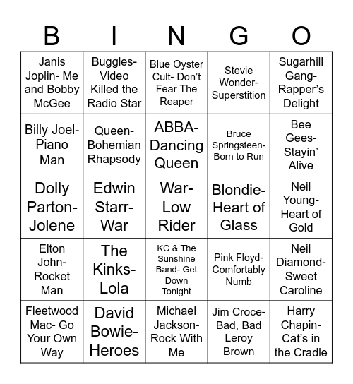 Total Quiz Trivia Presents Radio Bingo 70's Music Bingo Card