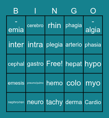 Medical Terminology Bingo Card