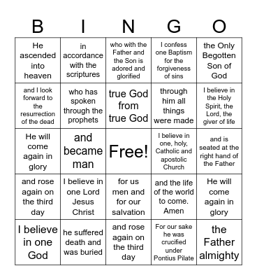 Nicene Creed Bingo Card