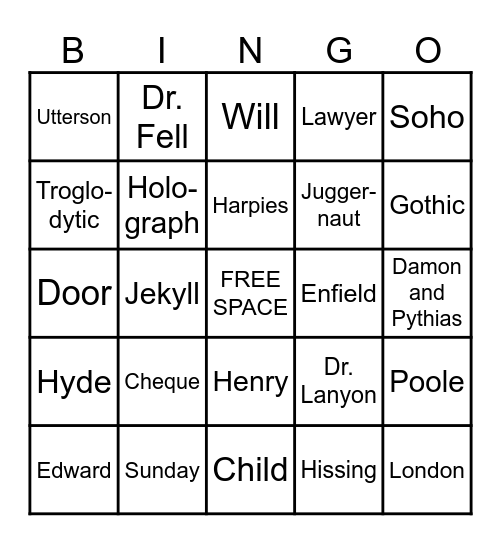 Jekyll & Hyde Bingo Card