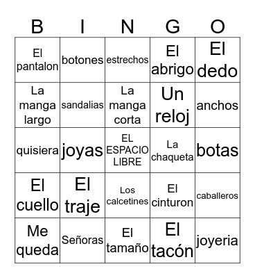 Spanish Bingo Card