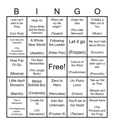 Disney Tunes Bingo Card