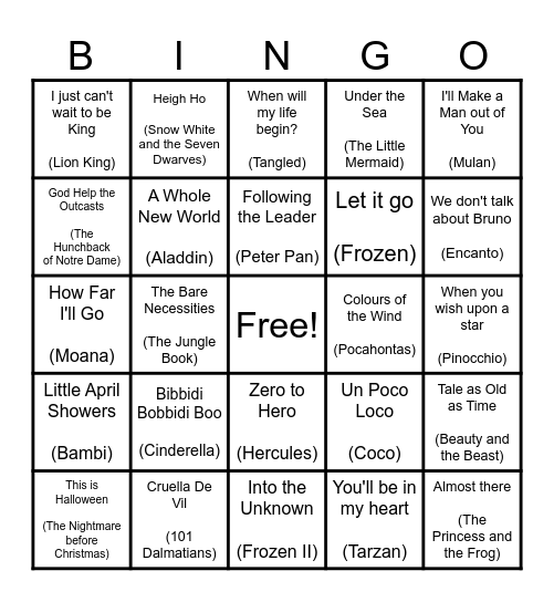 Disney Tunes Bingo Card