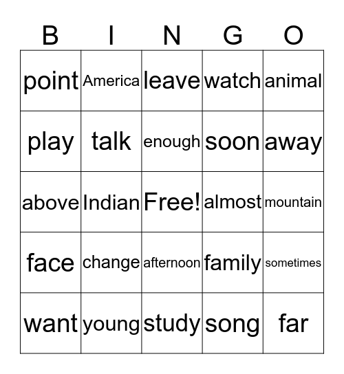 Sight Words Bingo Card