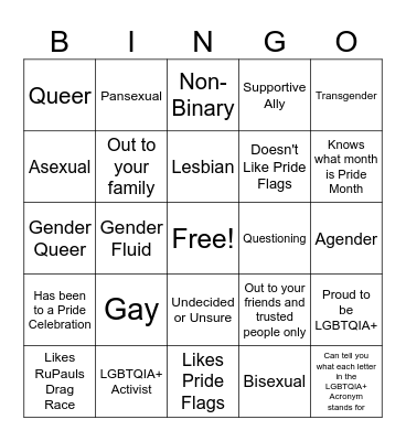 Get to know you Bingo LGBQTIA+ Bingo Card