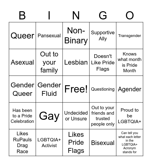 Get to know you Bingo LGBQTIA+ Bingo Card
